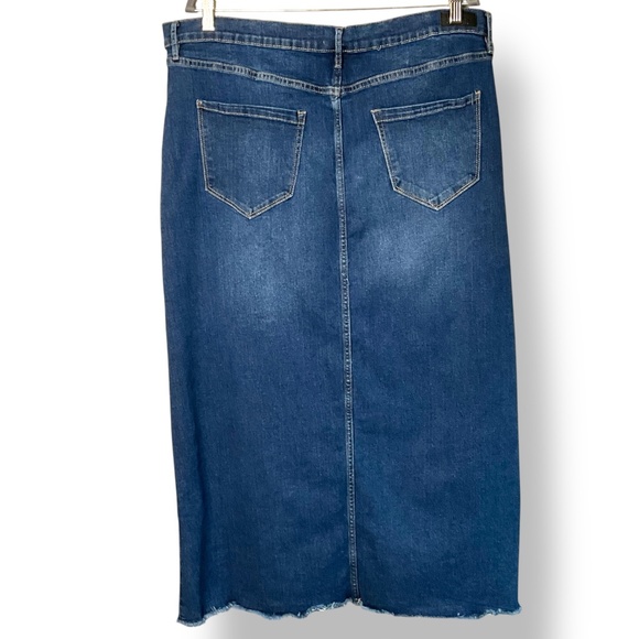 NICOLE MILLER Cotton Blend Dark Denim Midi 5 Pocket Pencil Skirt w/ Front Slit - Picture 3 of 10